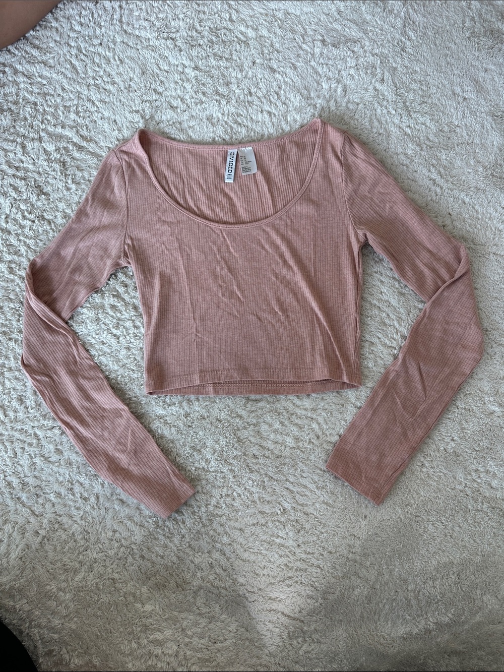 H&M Ribbed Scoop Neck Long Sleeve Crop Top - Dusty Rose